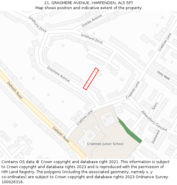 21, GRASMERE AVENUE, HARPENDEN, AL5 5PT: Location map and indicative extent of plot