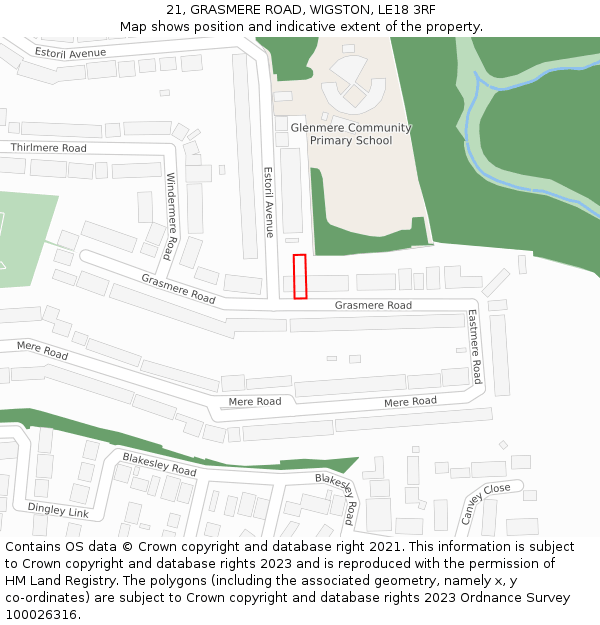 21, GRASMERE ROAD, WIGSTON, LE18 3RF: Location map and indicative extent of plot