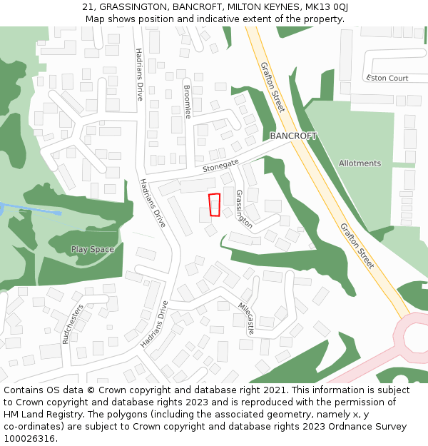 21, GRASSINGTON, BANCROFT, MILTON KEYNES, MK13 0QJ: Location map and indicative extent of plot