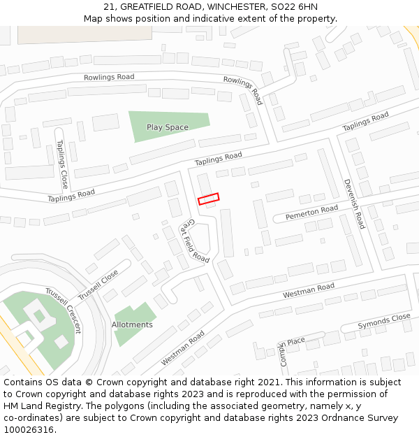 21, GREATFIELD ROAD, WINCHESTER, SO22 6HN: Location map and indicative extent of plot