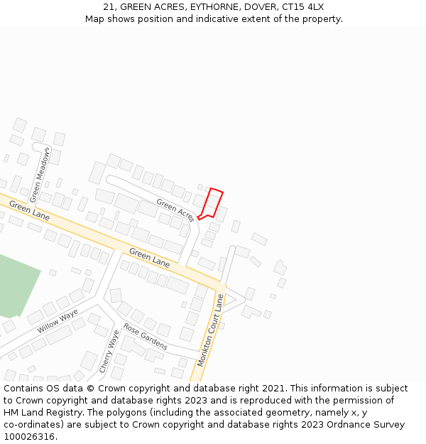 21, GREEN ACRES, EYTHORNE, DOVER, CT15 4LX: Location map and indicative extent of plot