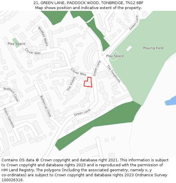 21, GREEN LANE, PADDOCK WOOD, TONBRIDGE, TN12 6BF: Location map and indicative extent of plot