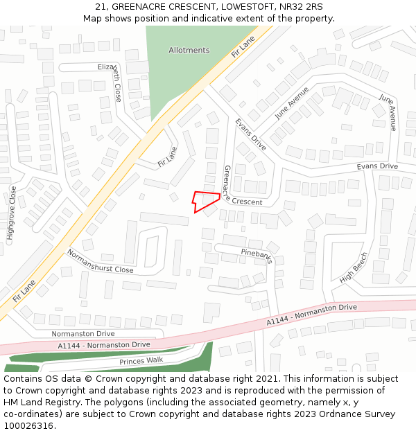 21, GREENACRE CRESCENT, LOWESTOFT, NR32 2RS: Location map and indicative extent of plot