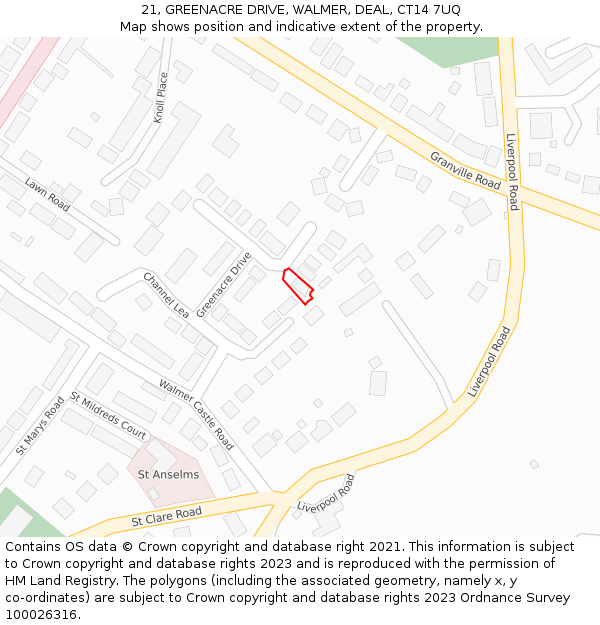 21, GREENACRE DRIVE, WALMER, DEAL, CT14 7UQ: Location map and indicative extent of plot