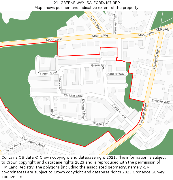 21, GREENE WAY, SALFORD, M7 3BP: Location map and indicative extent of plot