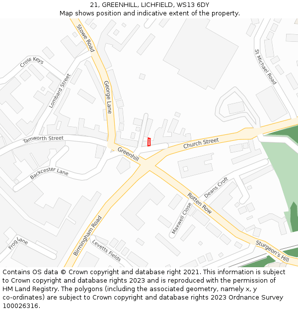 21, GREENHILL, LICHFIELD, WS13 6DY: Location map and indicative extent of plot