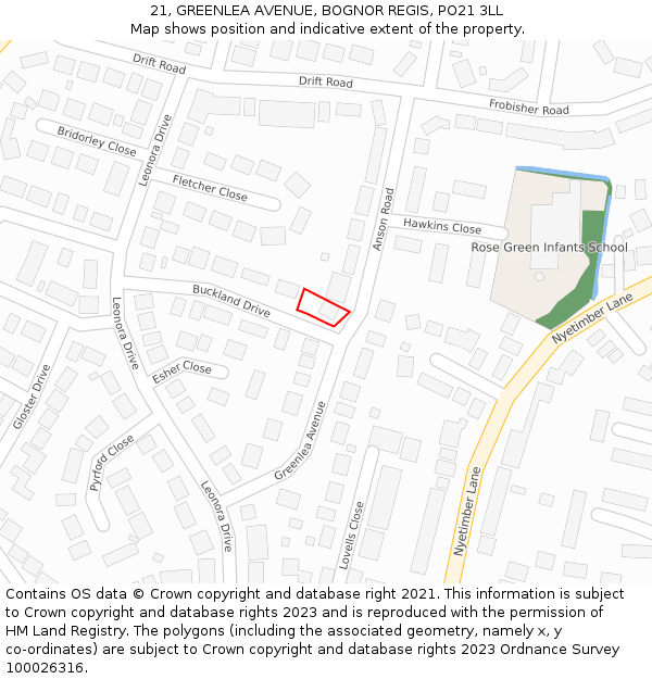 21, GREENLEA AVENUE, BOGNOR REGIS, PO21 3LL: Location map and indicative extent of plot