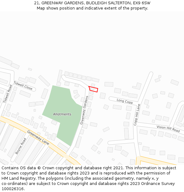 21, GREENWAY GARDENS, BUDLEIGH SALTERTON, EX9 6SW: Location map and indicative extent of plot