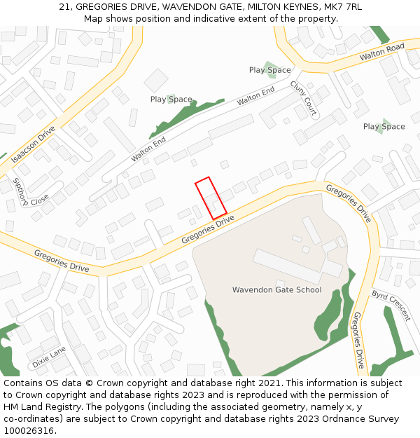 21, GREGORIES DRIVE, WAVENDON GATE, MILTON KEYNES, MK7 7RL: Location map and indicative extent of plot