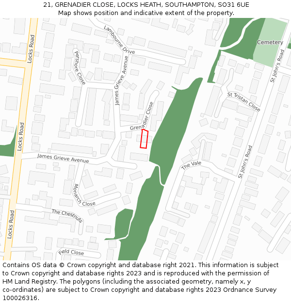 21, GRENADIER CLOSE, LOCKS HEATH, SOUTHAMPTON, SO31 6UE: Location map and indicative extent of plot