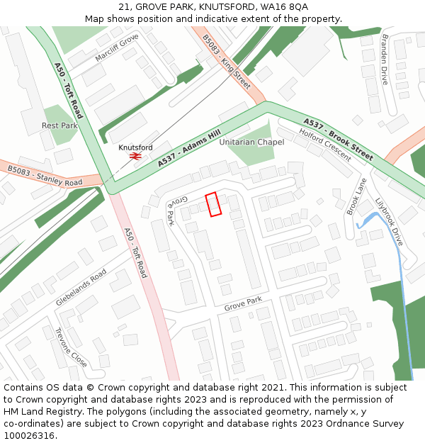 21, GROVE PARK, KNUTSFORD, WA16 8QA: Location map and indicative extent of plot