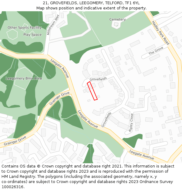 21, GROVEFIELDS, LEEGOMERY, TELFORD, TF1 6YL: Location map and indicative extent of plot