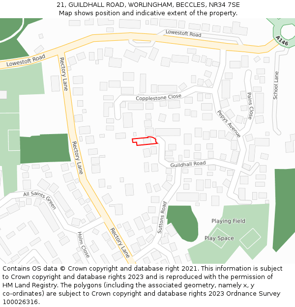21, GUILDHALL ROAD, WORLINGHAM, BECCLES, NR34 7SE: Location map and indicative extent of plot
