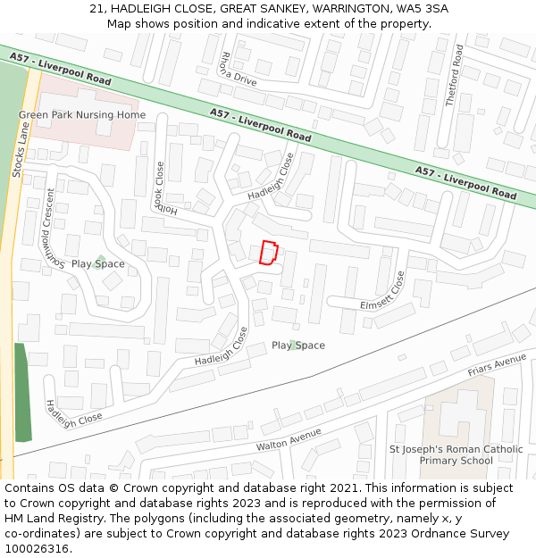 21, HADLEIGH CLOSE, GREAT SANKEY, WARRINGTON, WA5 3SA: Location map and indicative extent of plot