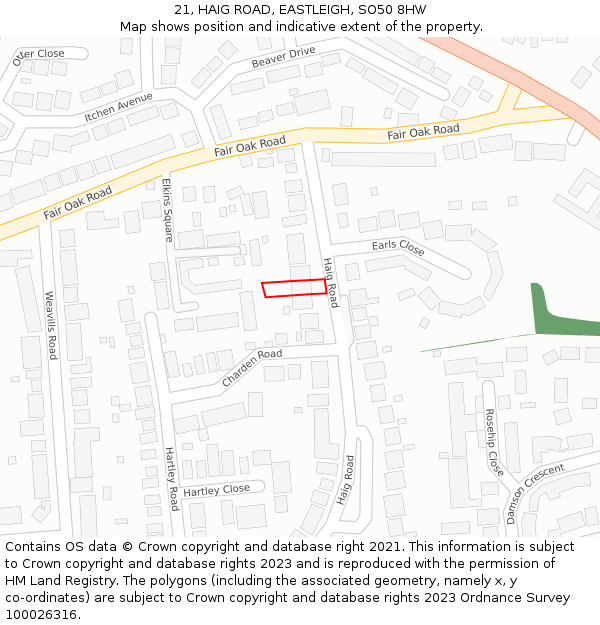 21, HAIG ROAD, EASTLEIGH, SO50 8HW: Location map and indicative extent of plot