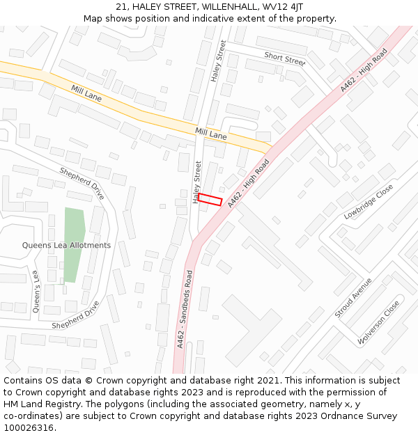 21, HALEY STREET, WILLENHALL, WV12 4JT: Location map and indicative extent of plot