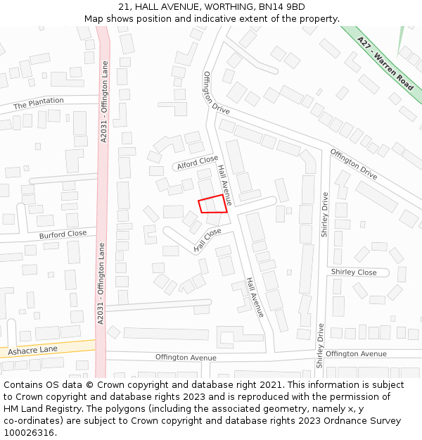 21, HALL AVENUE, WORTHING, BN14 9BD: Location map and indicative extent of plot