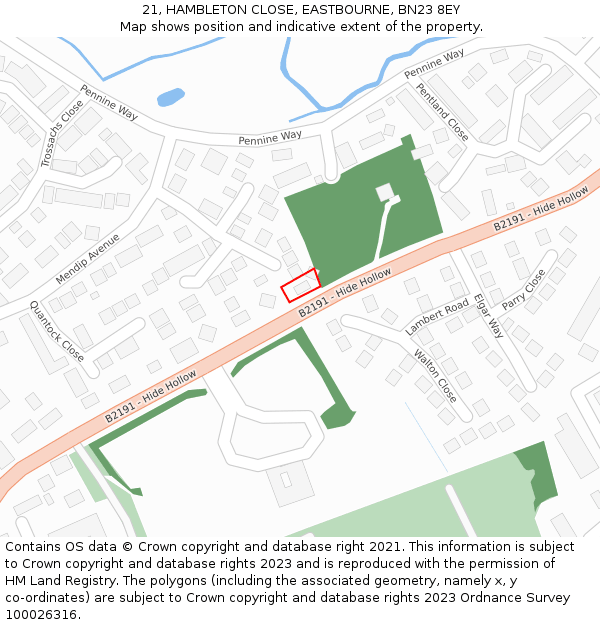 21, HAMBLETON CLOSE, EASTBOURNE, BN23 8EY: Location map and indicative extent of plot