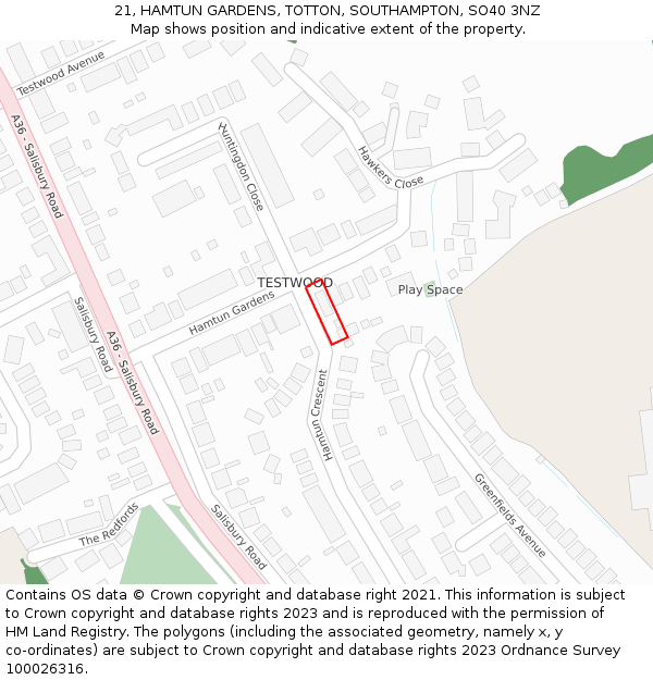 21, HAMTUN GARDENS, TOTTON, SOUTHAMPTON, SO40 3NZ: Location map and indicative extent of plot