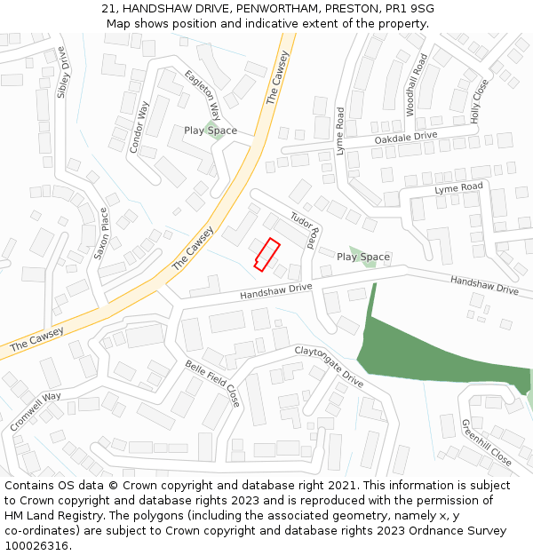 21, HANDSHAW DRIVE, PENWORTHAM, PRESTON, PR1 9SG: Location map and indicative extent of plot