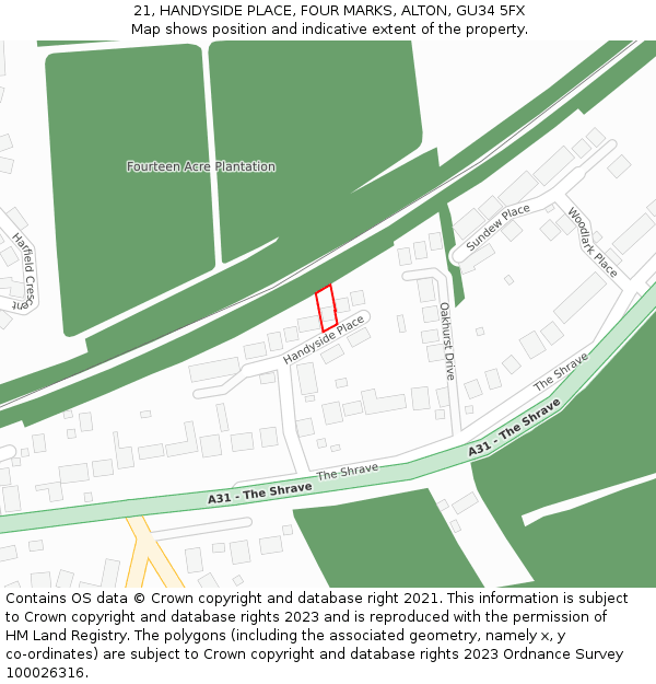 21, HANDYSIDE PLACE, FOUR MARKS, ALTON, GU34 5FX: Location map and indicative extent of plot