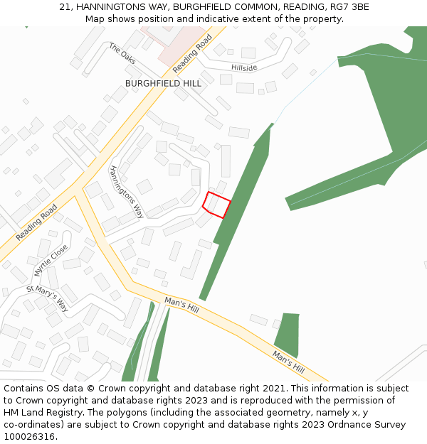 21, HANNINGTONS WAY, BURGHFIELD COMMON, READING, RG7 3BE: Location map and indicative extent of plot