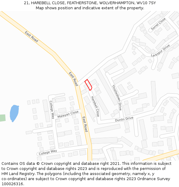 21, HAREBELL CLOSE, FEATHERSTONE, WOLVERHAMPTON, WV10 7SY: Location map and indicative extent of plot