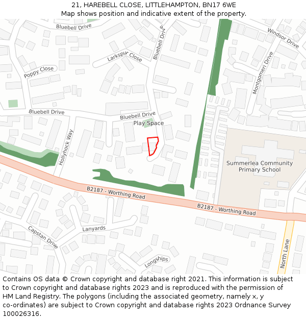 21, HAREBELL CLOSE, LITTLEHAMPTON, BN17 6WE: Location map and indicative extent of plot
