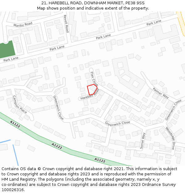 21, HAREBELL ROAD, DOWNHAM MARKET, PE38 9SS: Location map and indicative extent of plot