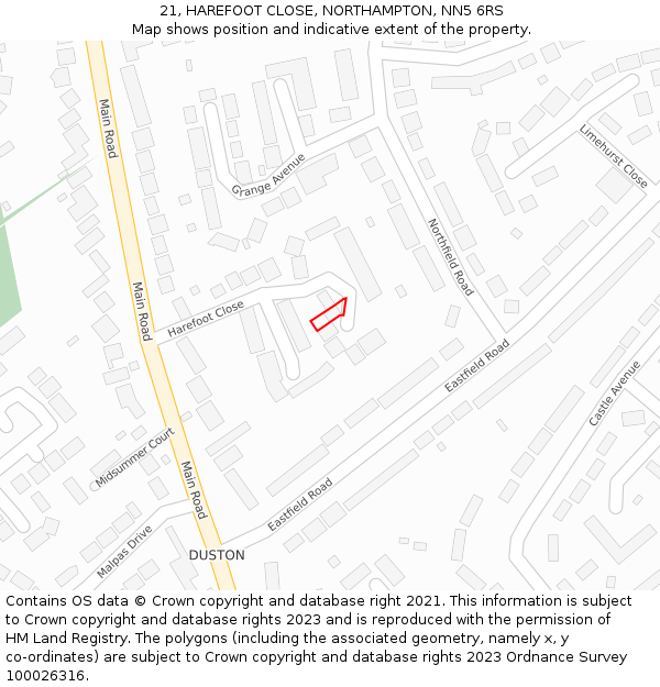 21, HAREFOOT CLOSE, NORTHAMPTON, NN5 6RS: Location map and indicative extent of plot