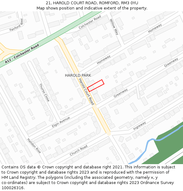 21, HAROLD COURT ROAD, ROMFORD, RM3 0YU: Location map and indicative extent of plot