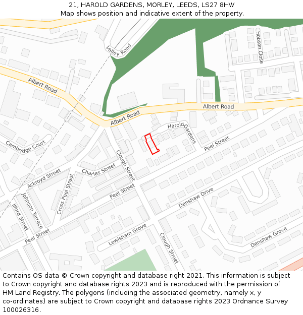 21, HAROLD GARDENS, MORLEY, LEEDS, LS27 8HW: Location map and indicative extent of plot