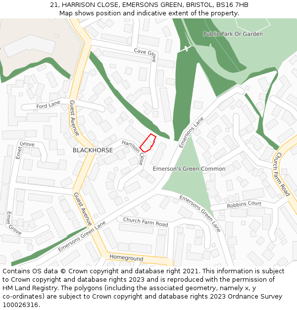 21, HARRISON CLOSE, EMERSONS GREEN, BRISTOL, BS16 7HB: Location map and indicative extent of plot