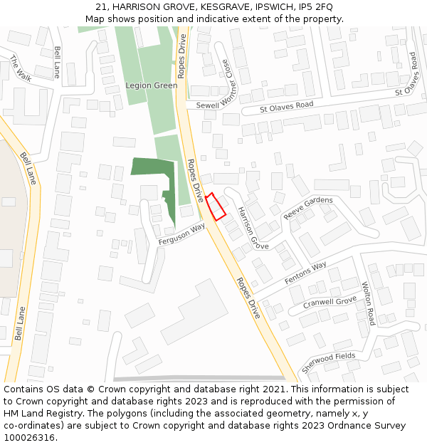 21, HARRISON GROVE, KESGRAVE, IPSWICH, IP5 2FQ: Location map and indicative extent of plot