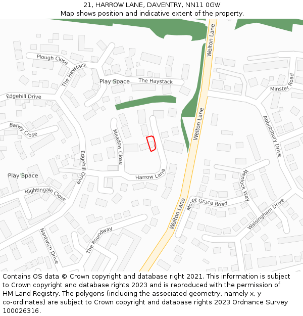 21, HARROW LANE, DAVENTRY, NN11 0GW: Location map and indicative extent of plot