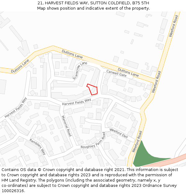 21, HARVEST FIELDS WAY, SUTTON COLDFIELD, B75 5TH: Location map and indicative extent of plot
