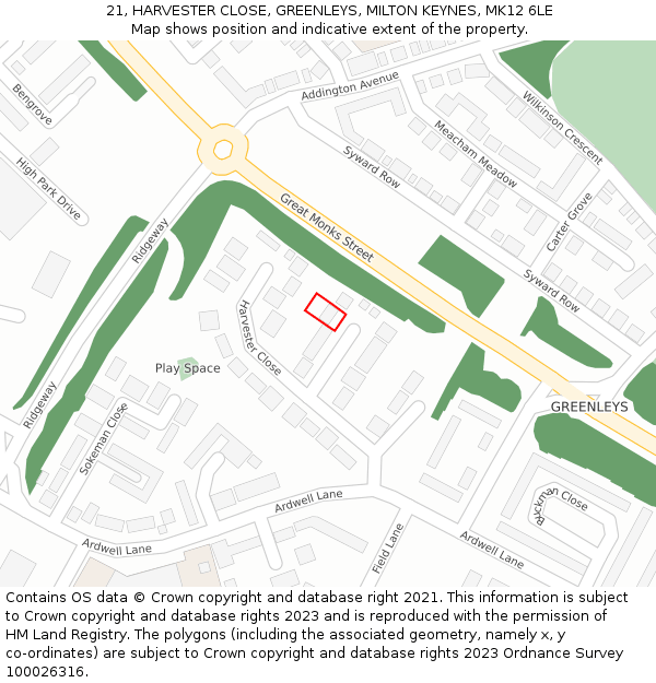 21, HARVESTER CLOSE, GREENLEYS, MILTON KEYNES, MK12 6LE: Location map and indicative extent of plot