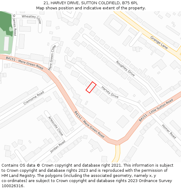 21, HARVEY DRIVE, SUTTON COLDFIELD, B75 6PL: Location map and indicative extent of plot