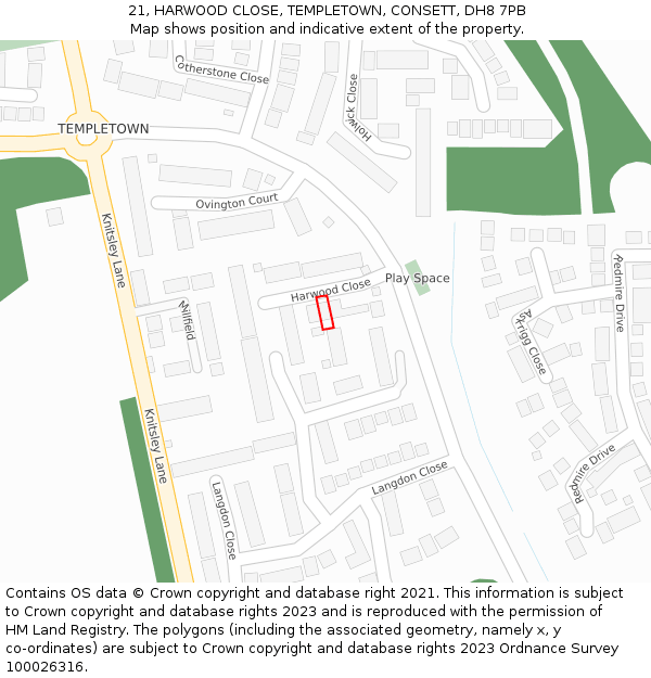 21, HARWOOD CLOSE, TEMPLETOWN, CONSETT, DH8 7PB: Location map and indicative extent of plot