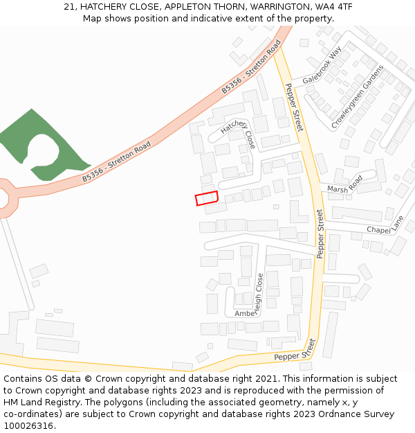 21, HATCHERY CLOSE, APPLETON THORN, WARRINGTON, WA4 4TF: Location map and indicative extent of plot