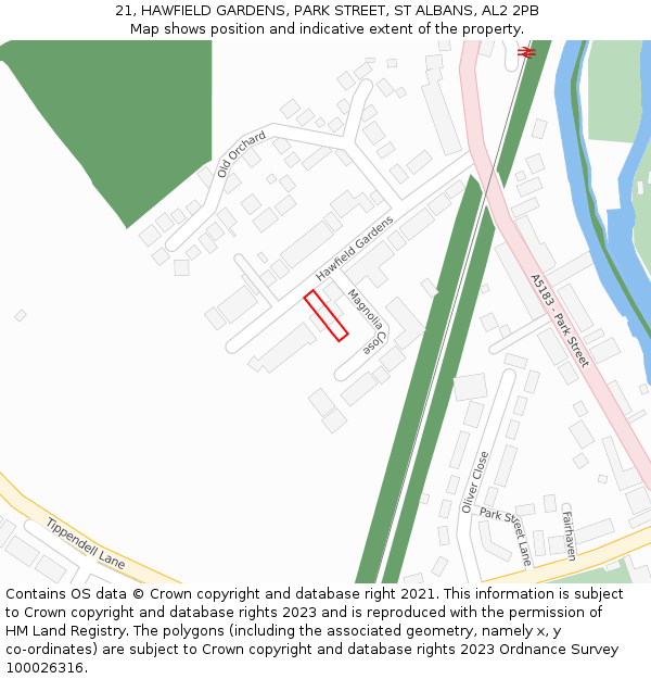 21, HAWFIELD GARDENS, PARK STREET, ST ALBANS, AL2 2PB: Location map and indicative extent of plot