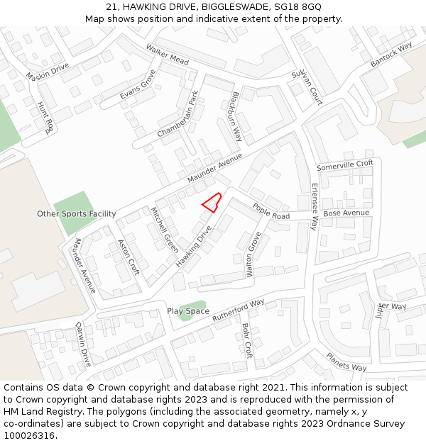 21, HAWKING DRIVE, BIGGLESWADE, SG18 8GQ: Location map and indicative extent of plot