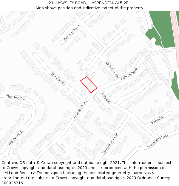 21, HAWSLEY ROAD, HARPENDEN, AL5 2BL: Location map and indicative extent of plot