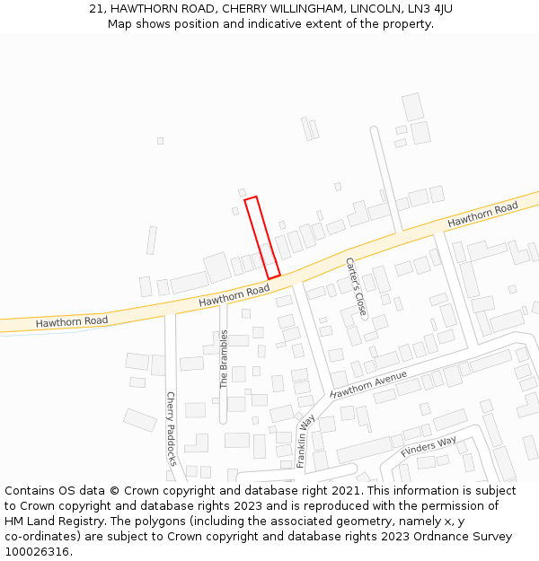 21, HAWTHORN ROAD, CHERRY WILLINGHAM, LINCOLN, LN3 4JU: Location map and indicative extent of plot