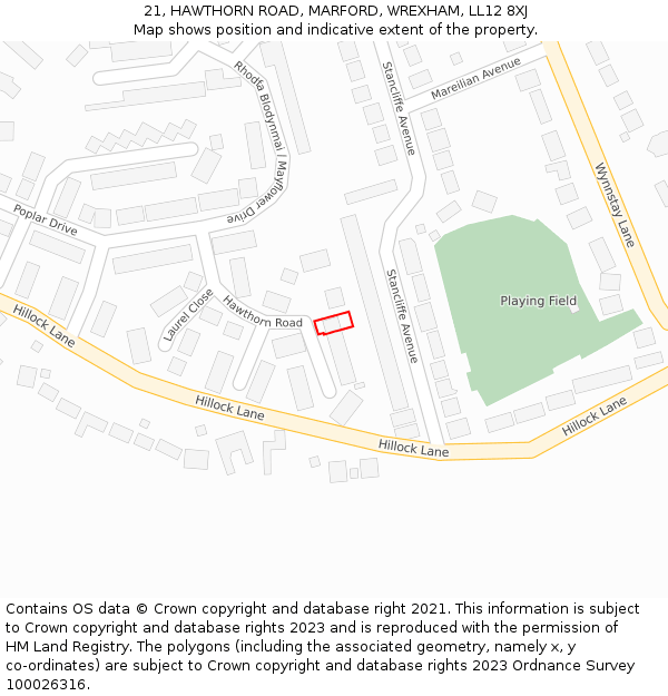 21, HAWTHORN ROAD, MARFORD, WREXHAM, LL12 8XJ: Location map and indicative extent of plot