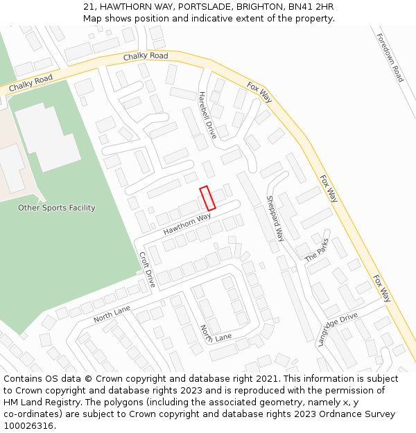 21, HAWTHORN WAY, PORTSLADE, BRIGHTON, BN41 2HR: Location map and indicative extent of plot