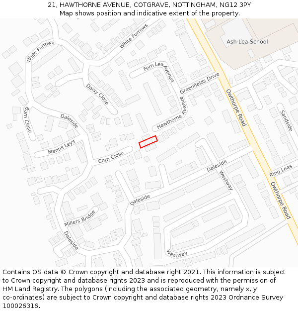 21, HAWTHORNE AVENUE, COTGRAVE, NOTTINGHAM, NG12 3PY: Location map and indicative extent of plot