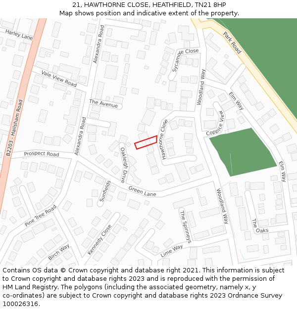 21, HAWTHORNE CLOSE, HEATHFIELD, TN21 8HP: Location map and indicative extent of plot