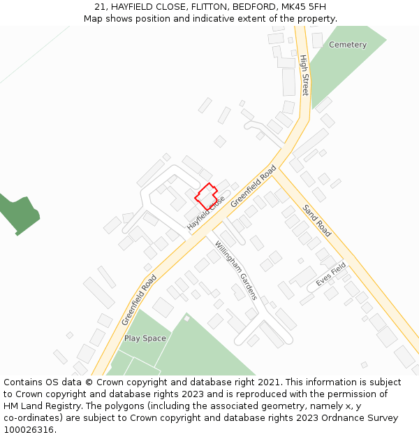 21, HAYFIELD CLOSE, FLITTON, BEDFORD, MK45 5FH: Location map and indicative extent of plot