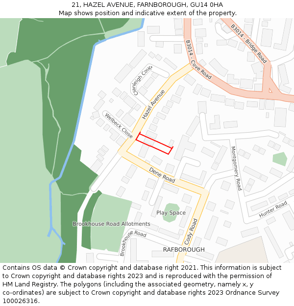 21, HAZEL AVENUE, FARNBOROUGH, GU14 0HA: Location map and indicative extent of plot